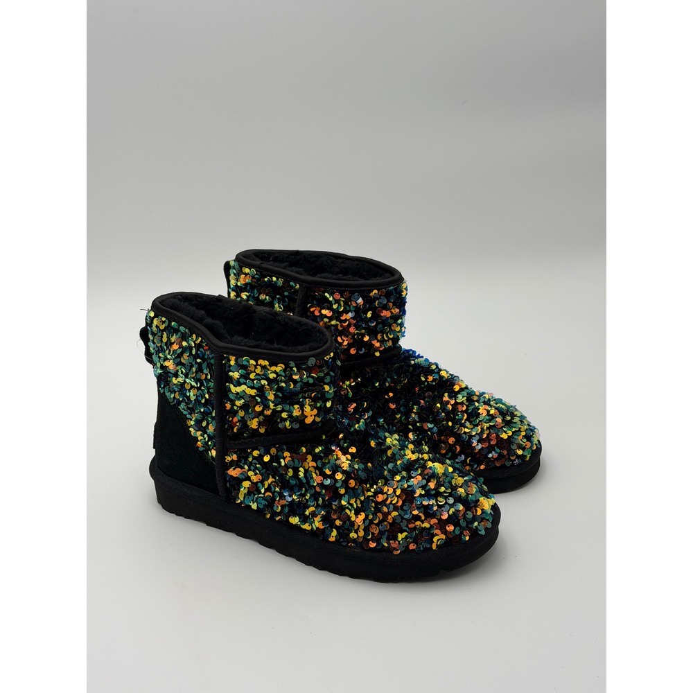 UGG Classic Mini Stellar Sequin Womens 9 Black Multicolor Wool Lined Boots NEW